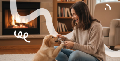 Vrouw met bruin haar zit op de grond in haar woonkamer met een openhaard op de achtergrond te spelen met haar Golden retriever puppy