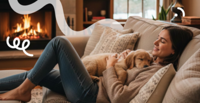 Vrouw met bruin haar op een beige bank in een woonkamer met een openhaard op de achtergrond. Ze heeft een Golden retriever puppy op schoot.