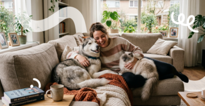 A woman is cuddling her dog and cat on the couch in her living room