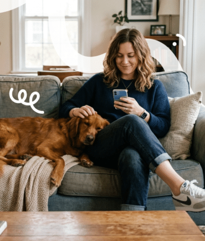 Een vrouw met lang bruin haar zit op de bank met haar smartphone in haar hand en met haar andere hand aait ze haar hond