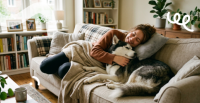 A woman is cuddling her husky on the couch in her living room.