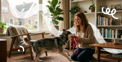Een vrouw zit in haar woonkamer op de grond met haar husky te spelen