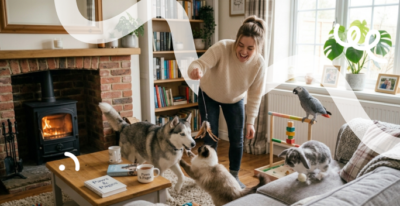 Een vrouw is in haar woonkamer aan het spelen met haar hond, kat, papegaai en konijn