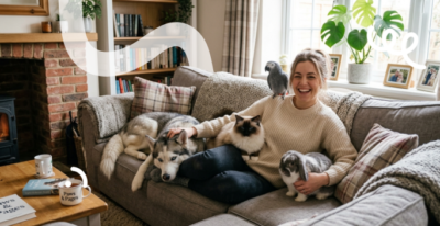 Een vrouw zit op de bank in haar woonkamer te knuffelen met haar hond, kat, papegaai en konijn.